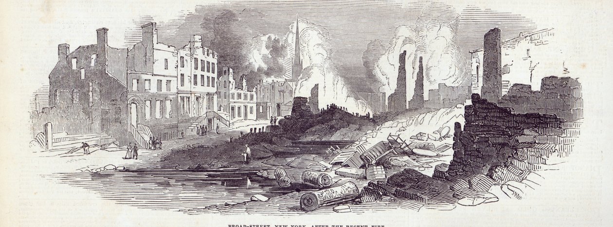 1845年8月23日の「The Illustrated London News」からの最近の火災後のニューヨークのブロードストリート 作： 英語学校