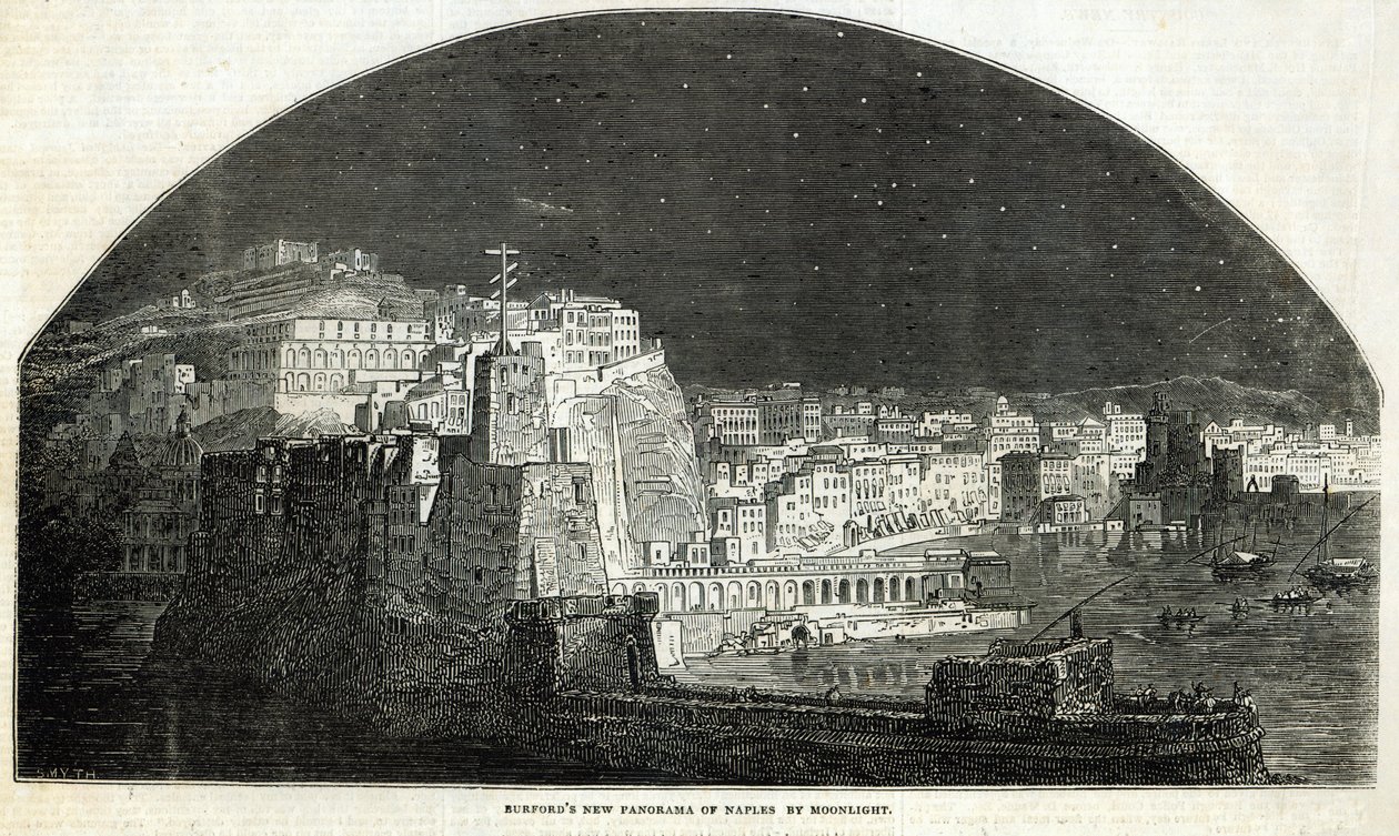 1845年1月11日の「The Illustrated London News」より、バーフォードのムーンライトによるナポリの新しいパノラマ 作： 英語学校