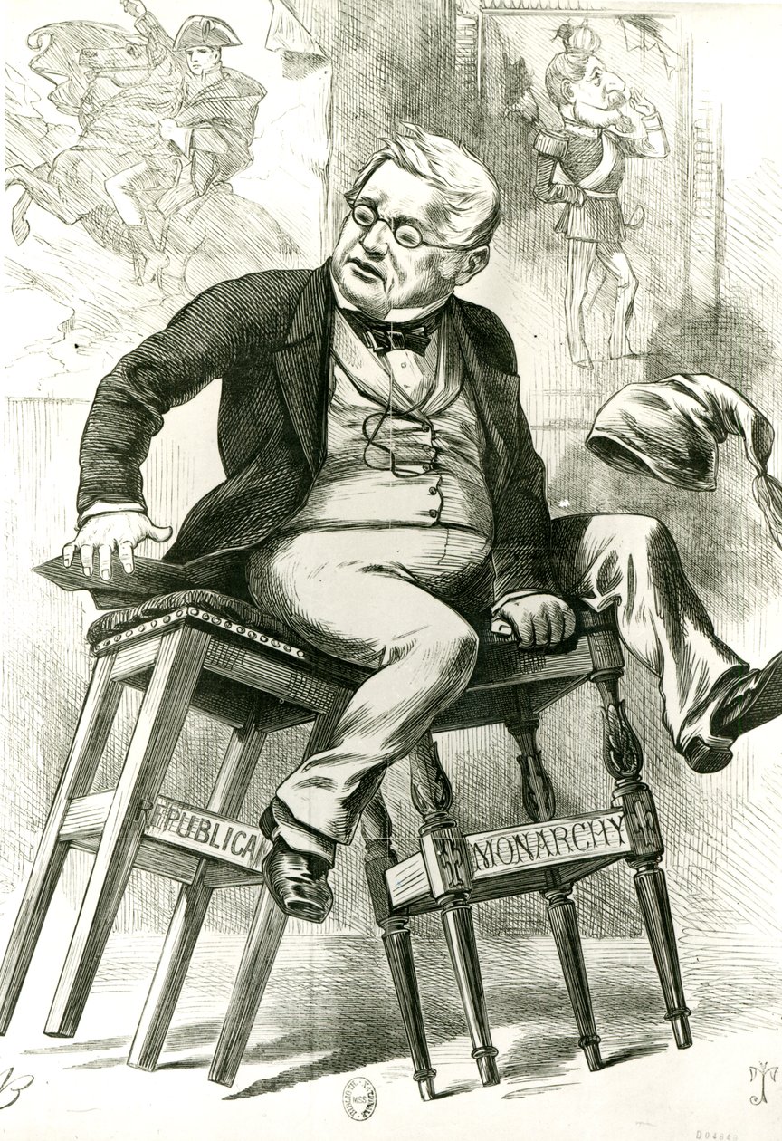 2つの便の間のアドルフティエール（1797-1877）の風刺漫画、1872年の「パンチ」のイラスト 作： 英語学校