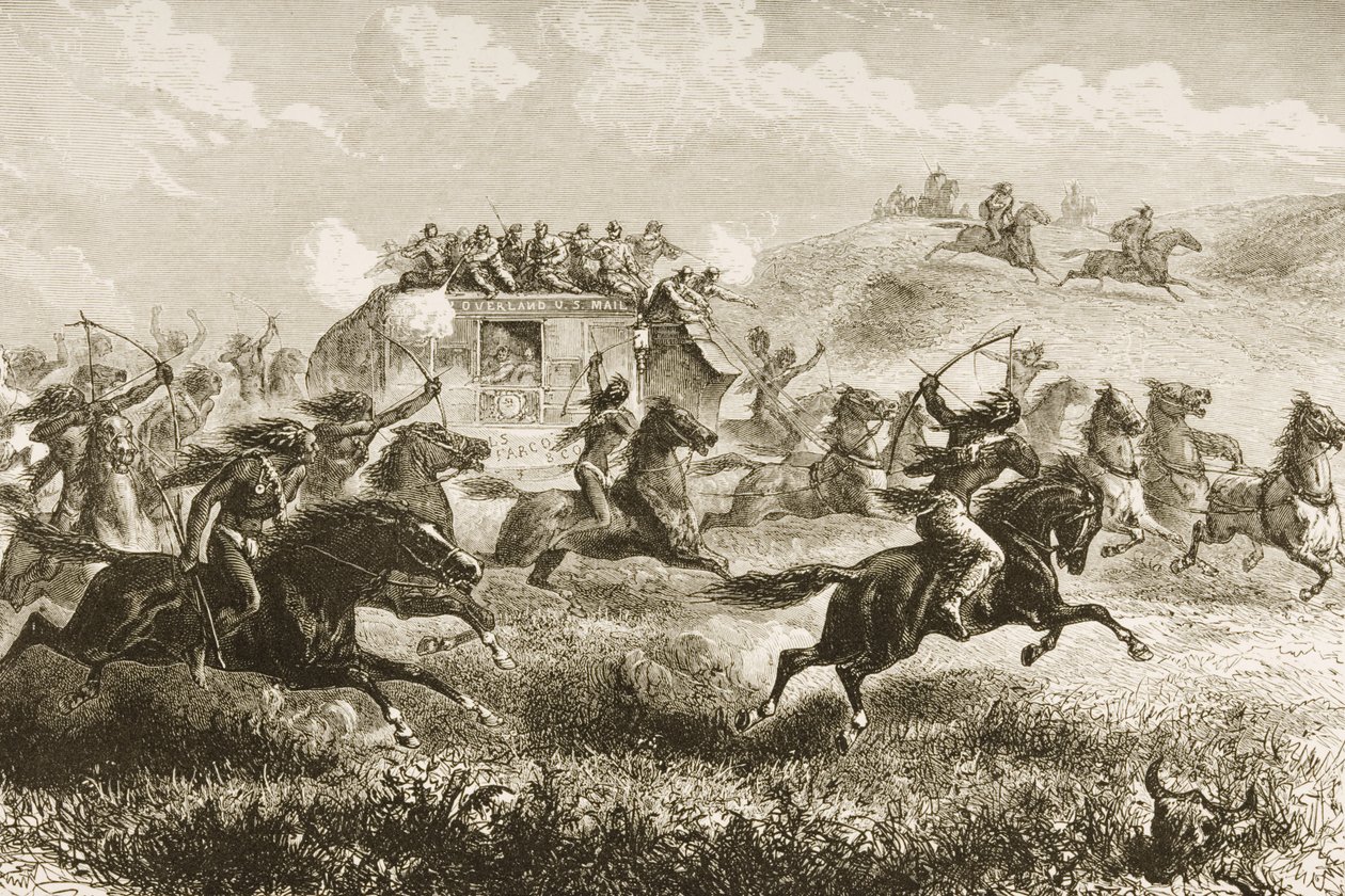 1860年にシエラネバダを渡って米国郵便を運ぶ、「アメリカンピクチャーズ」、1876年宗教宗教協会発行 作： 英語学校