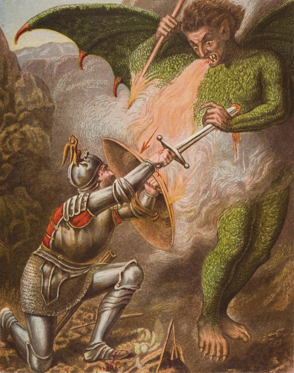 クリスチャンとアポリオンの対立、ジョン・バニヤンの「巡礼者の進歩」（1628-88）のイラスト 作： 英語学校