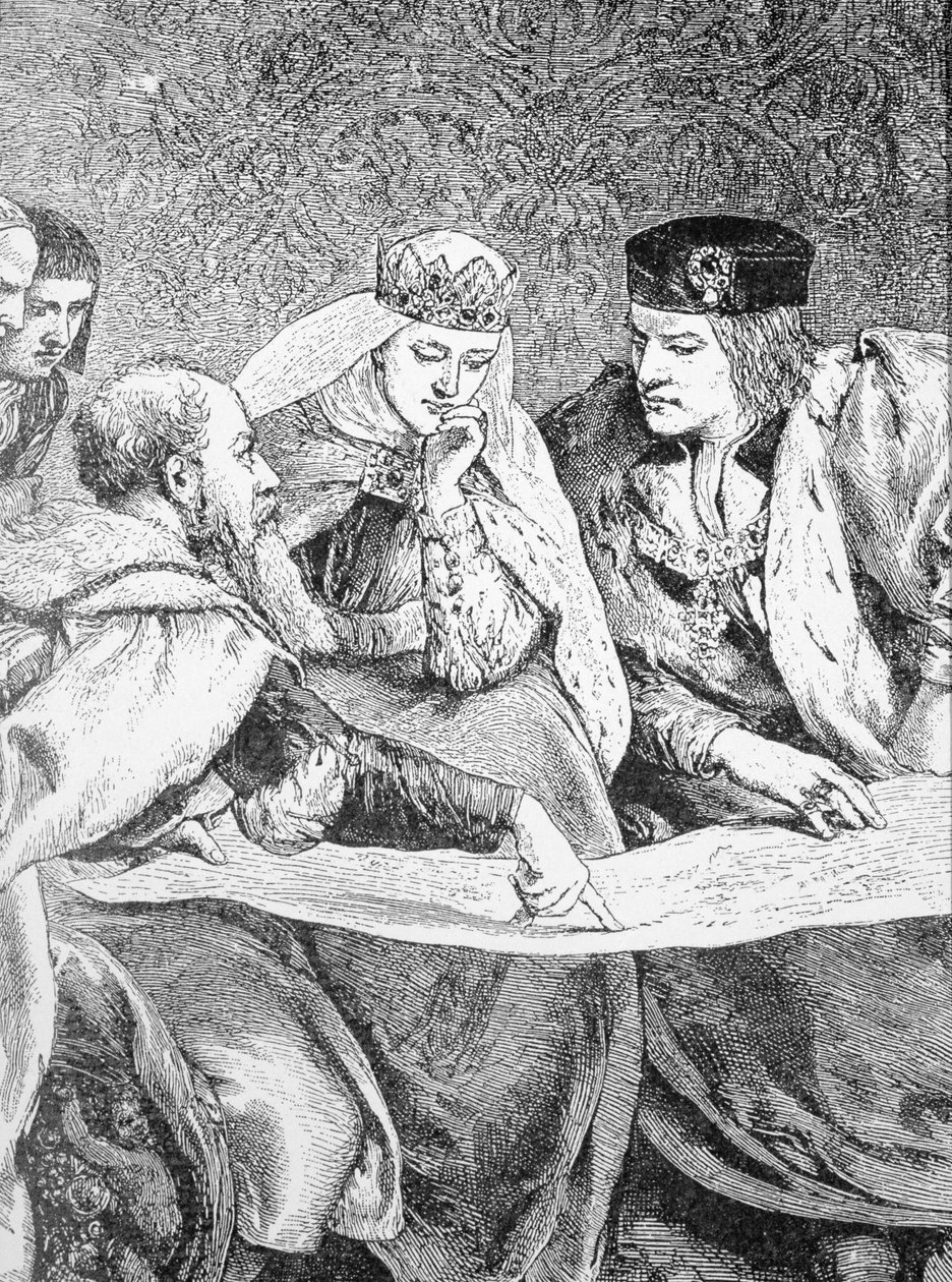 クリストファーコロンブス（1451-1506）は、フェルディナンド2世（1452-1516）とイザベラ女王（1451-1504）へのアメリカ大陸への航海について説明しています。 作： 英語学校