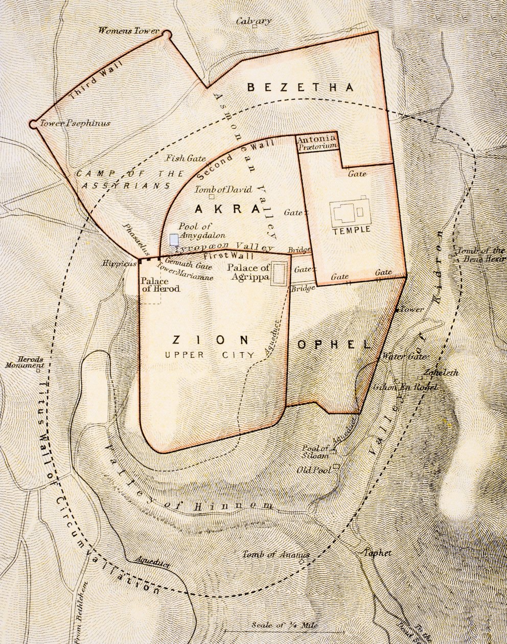 1899年頃にロンドンで公開された「世界の市民のアトラス」からの古代エルサレムの市内地図 作： 英語学校