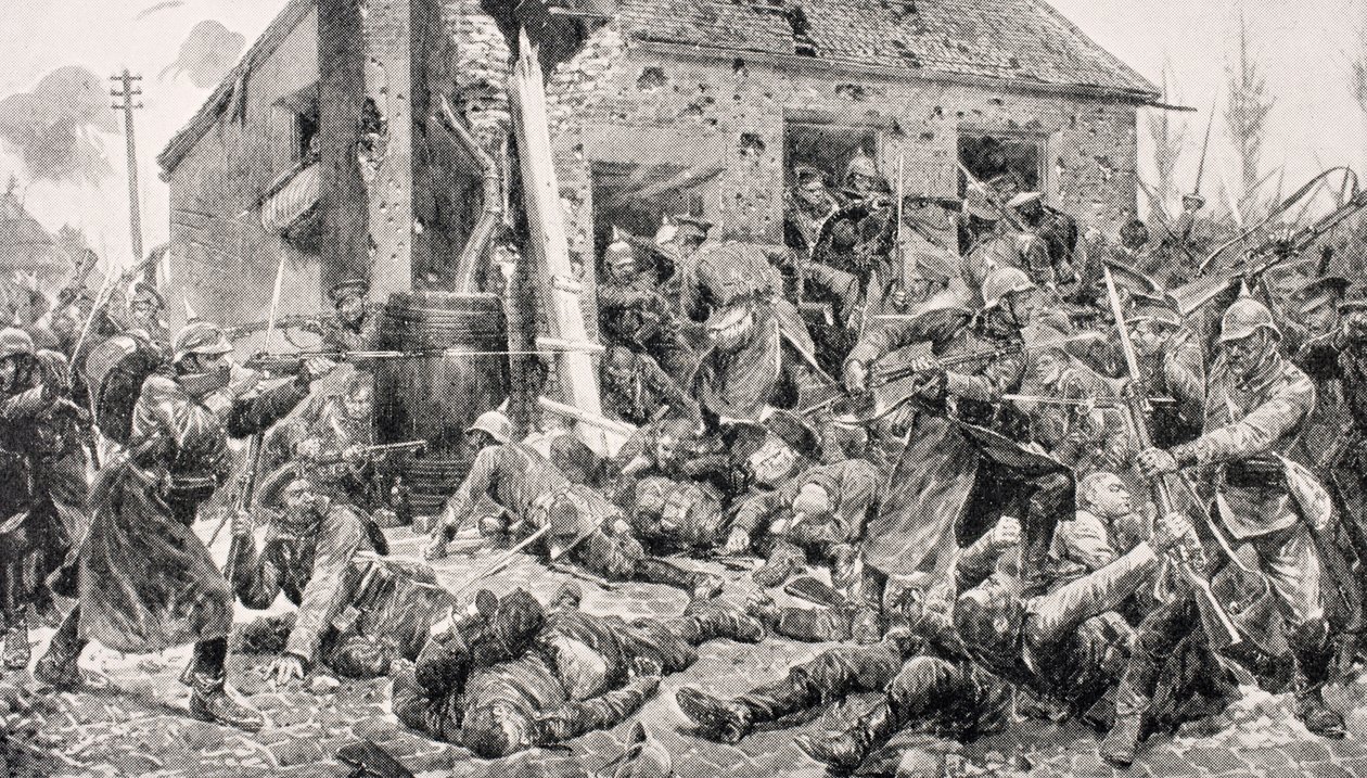 コールドストリームガードのアクション、ランドレシーズ、1916年8月24日、1916年にロンドンで出版された「The War Illustrated Album deLuxe」より 作： 英語学校