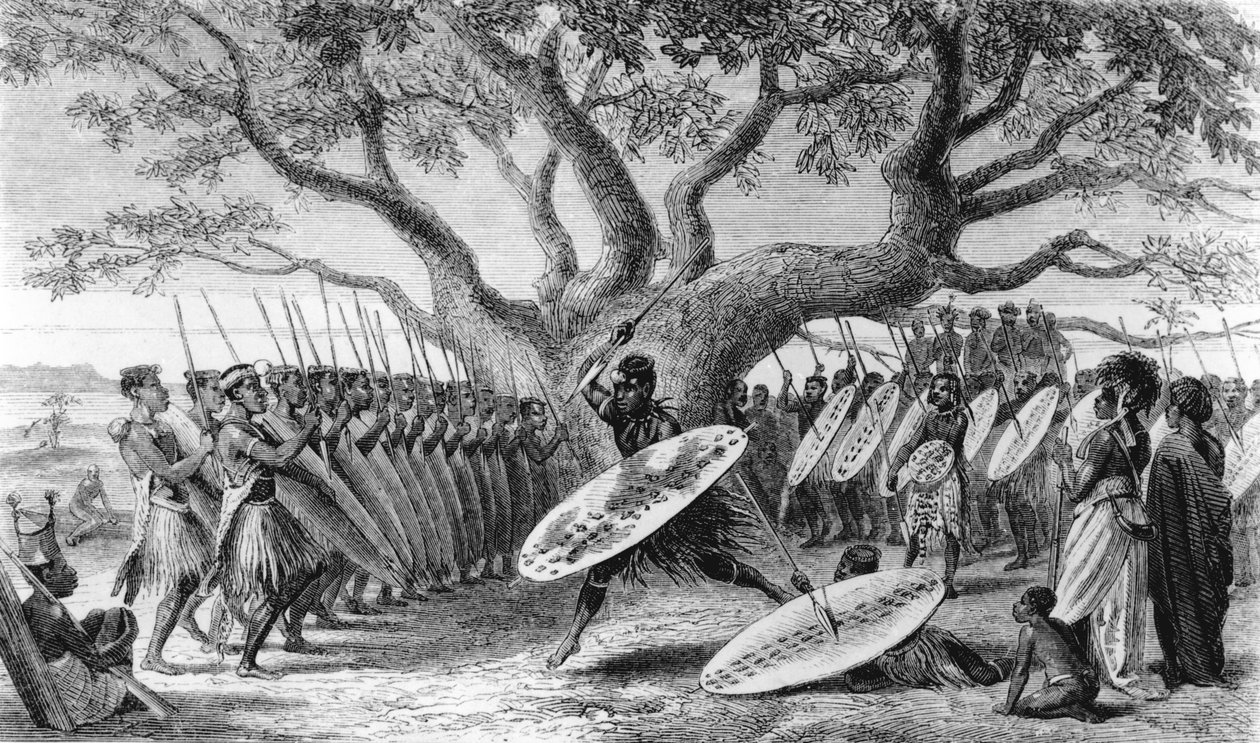 ジョサイア・ウッド・ウィンパー（1813-1903）によって刻まれた、ポルトガル人の年次トリビュートを持ち上げるためにランパンズまたはズールスのダンスがシューパンガに到着しました 作： 英語学校