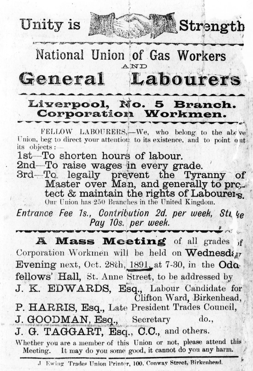 1891年の全国ガス労働者および一般労働者連合の宣言 作： 英語学校