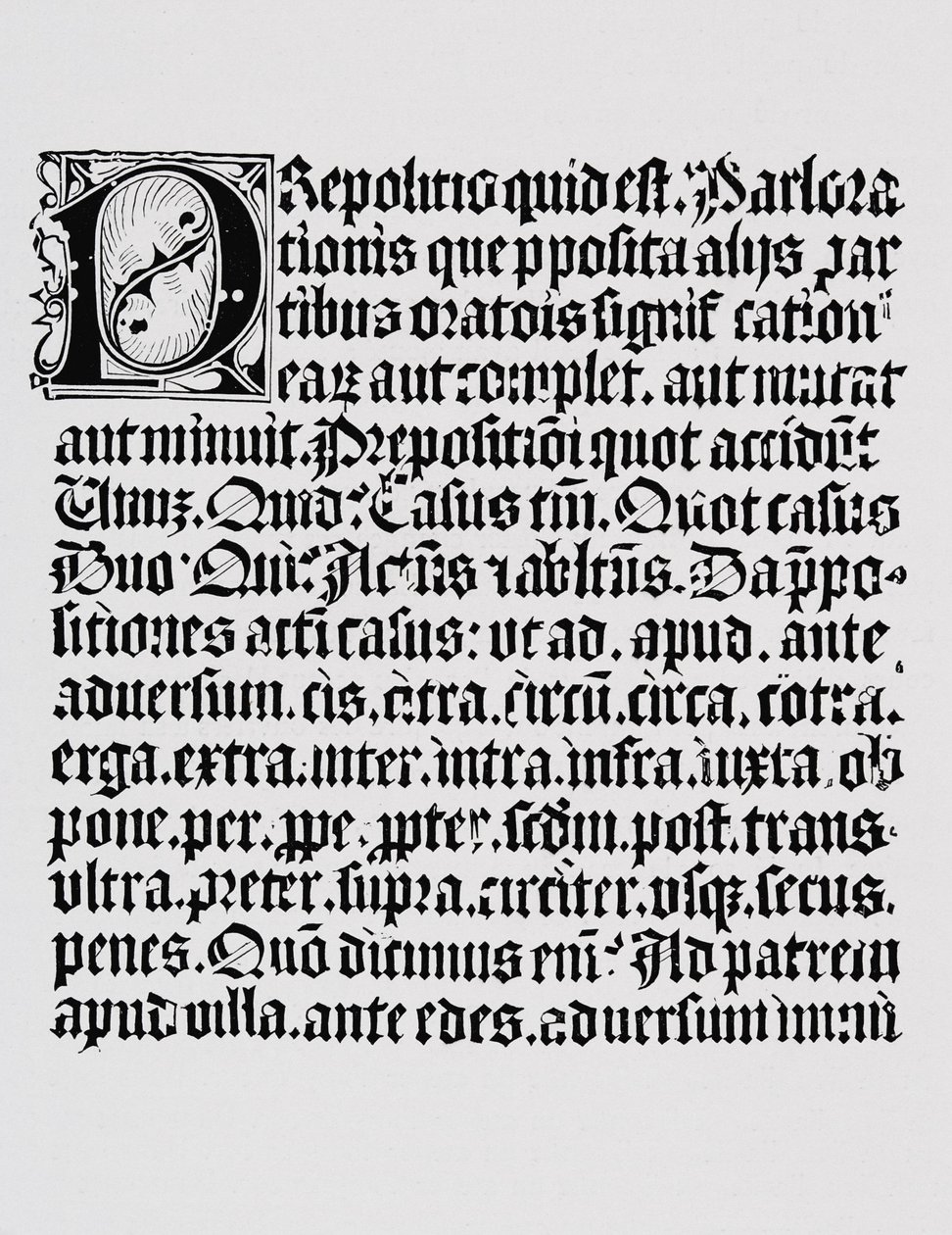 ヨハンファストとヨハネスグーテンベルク、マインツ、c.1450によって印刷された文法書からの、前置詞についての木版画または木版画のページのファクシミリ 作： 英語学校