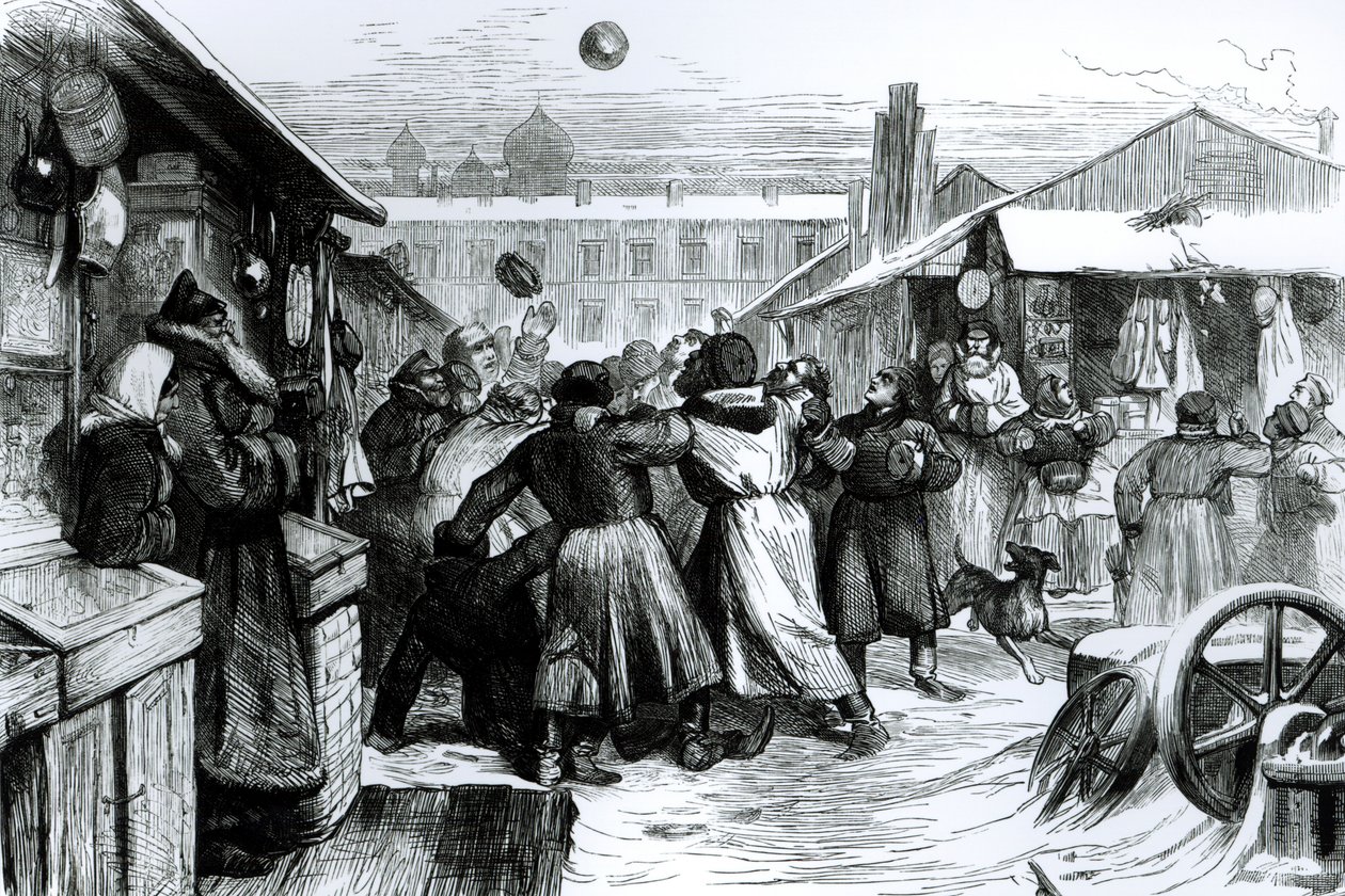 サンクトペテルブルクのユダヤ人市場でのフットボール、「Illustrated London News」（1874年、1874年） 作： 英語学校