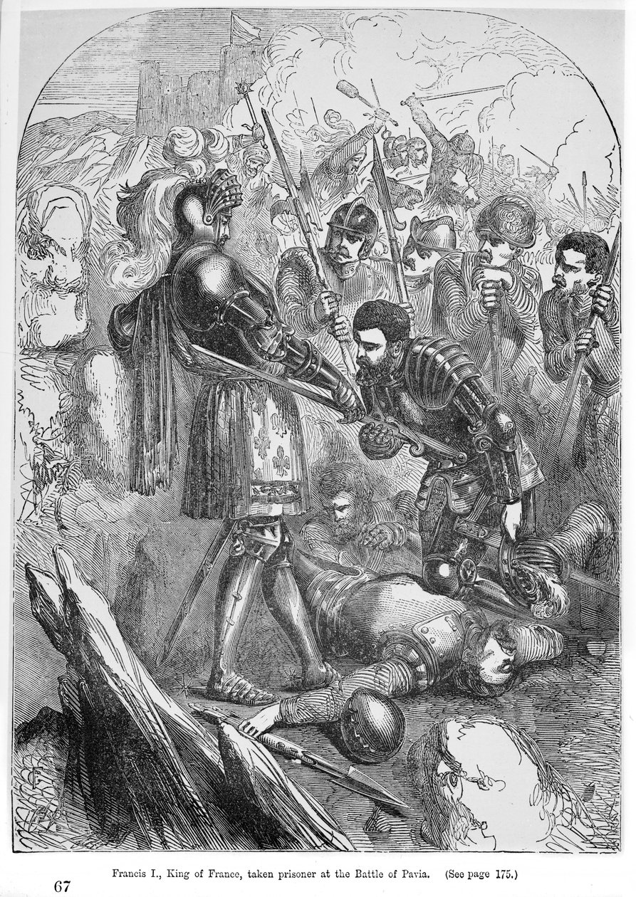 フランシスI（1495-1547）チャールズバーボン（1490-1527）による1525年のパヴィアの戦いで囚人を撮った、挿絵 作： 英語学校