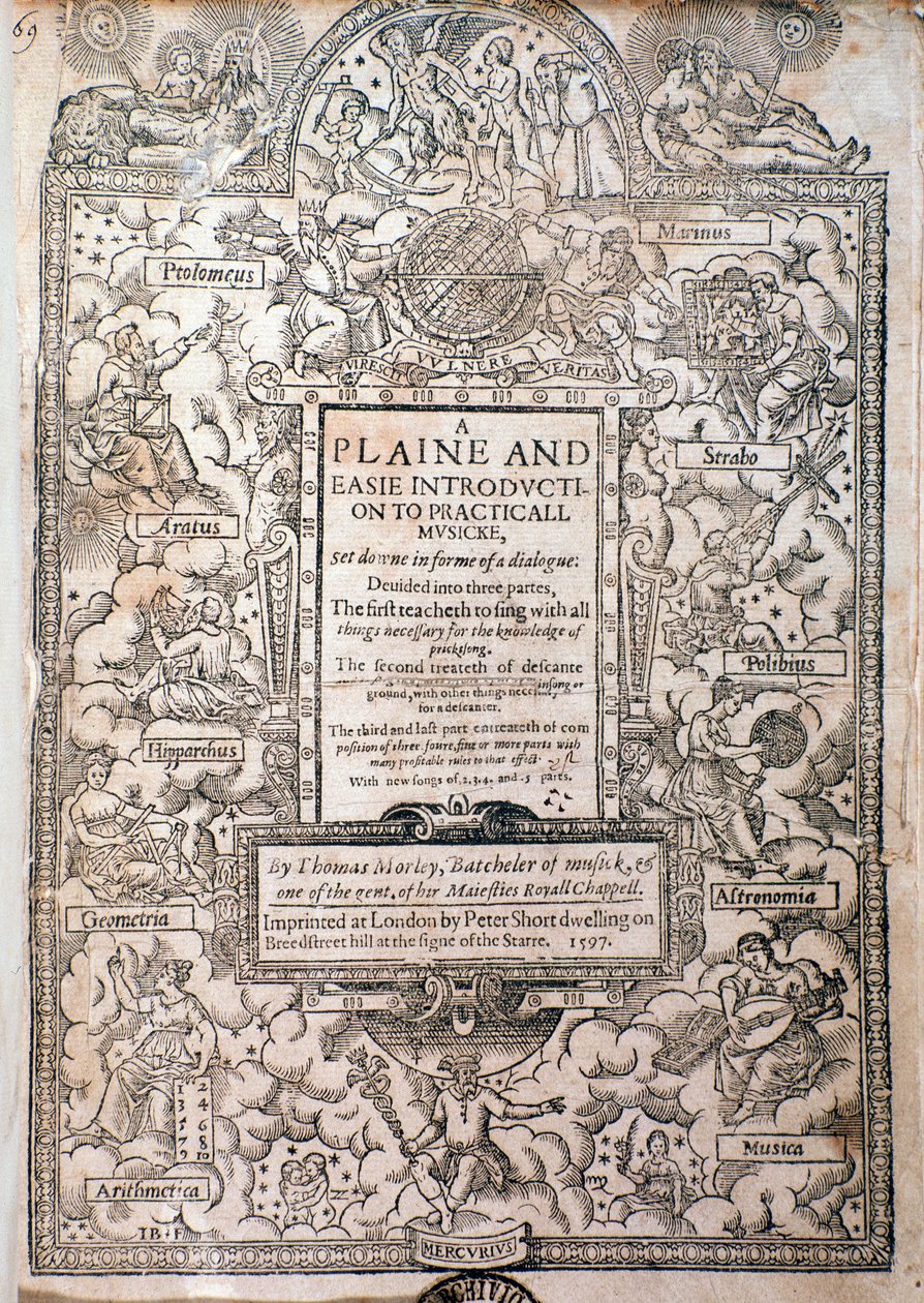A Plaine and EasieのFrontispiece、Practicall Musicke入門Thomas Morley、詳細、1597 作： 英語学校