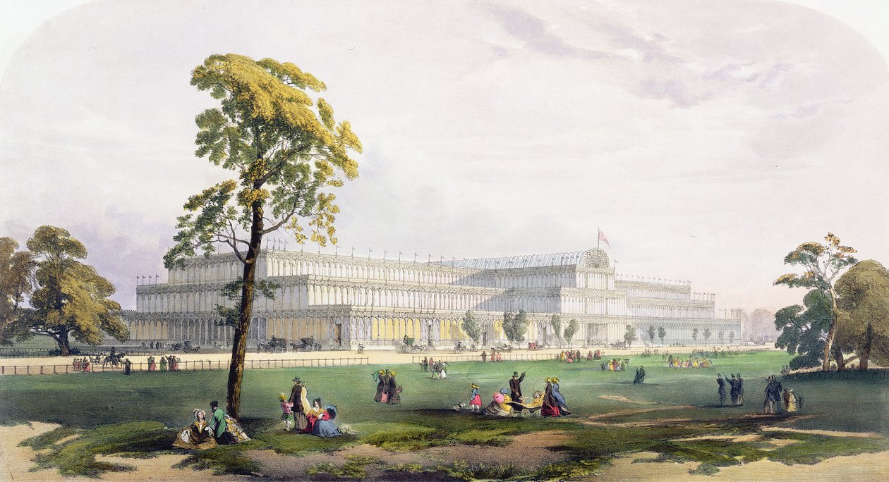 1851年の大展覧会における、ディキンソン総合写真（色付きのリソ）からの建物の外観の全体図 作： 英語学校
