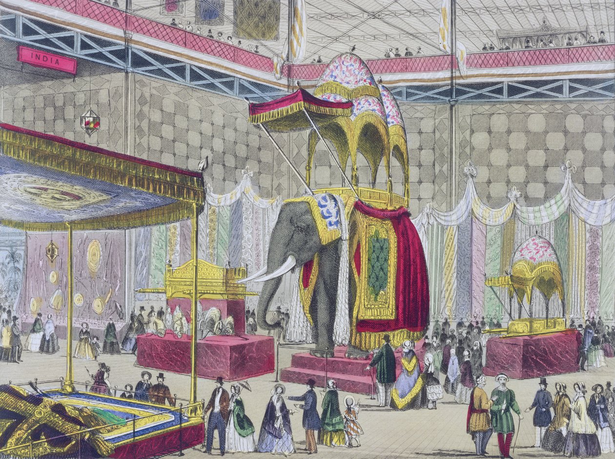 素晴らしい展覧会、1851年：インドの大展覧会の内部（Read＆Coによる公開）（色付きのlitho） 作： 英語学校