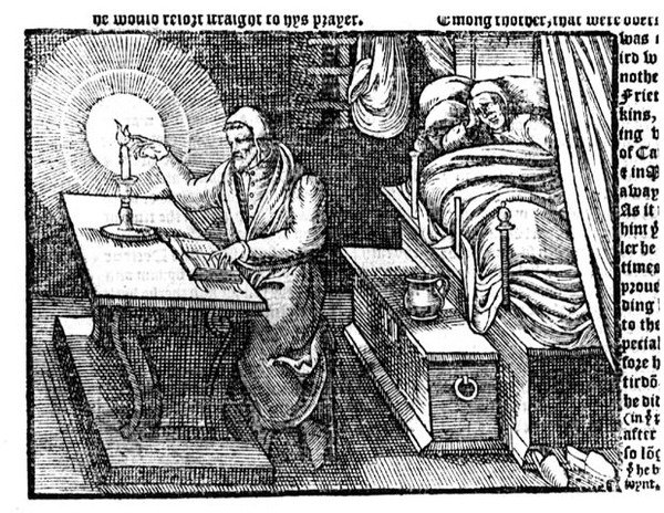 ヒュー・ラティマー（c.1485-1555）ろうそくの炎で指を握る、行為と記念碑、ジョン・フォックス（1516-87）1563 作： 英語学校