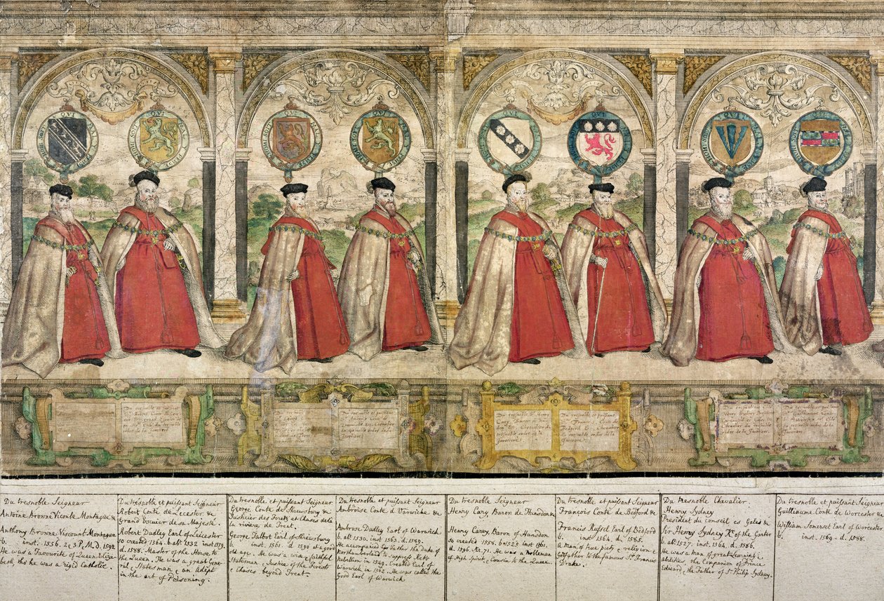 Marcus Gheeraerts the Elder（1521-86）1576（カラーエッチング）によって彫刻された、ウィンザーでのガーターの騎士の架空の複合行列 作： 英語学校