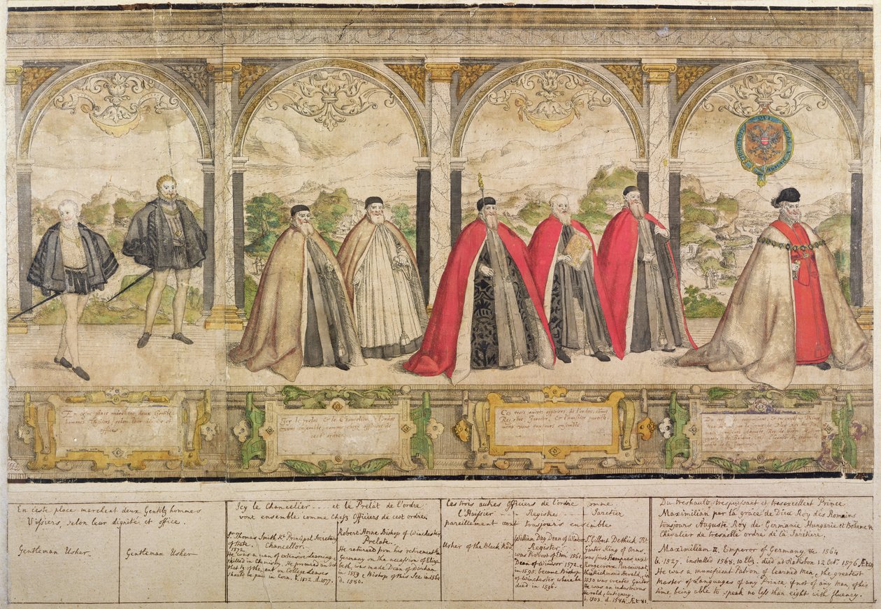 Marcus Gheeraerts the Elder（151620-c.1604）1576（カラーエッチング）によって彫刻された、ガーターの騎士の架空の複合行列 作： 英語学校