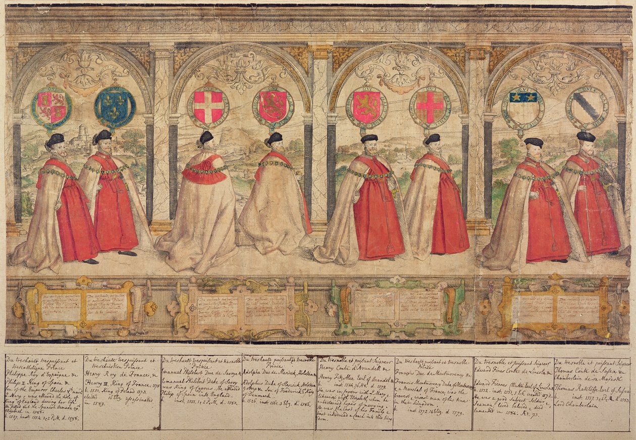 Marcus Gheeraerts the Elder（1521-86）1576（カラーエッチング）によって彫刻された、ウィンザーでのガーター騎士団の想像上の複合行列 作： 英語学校