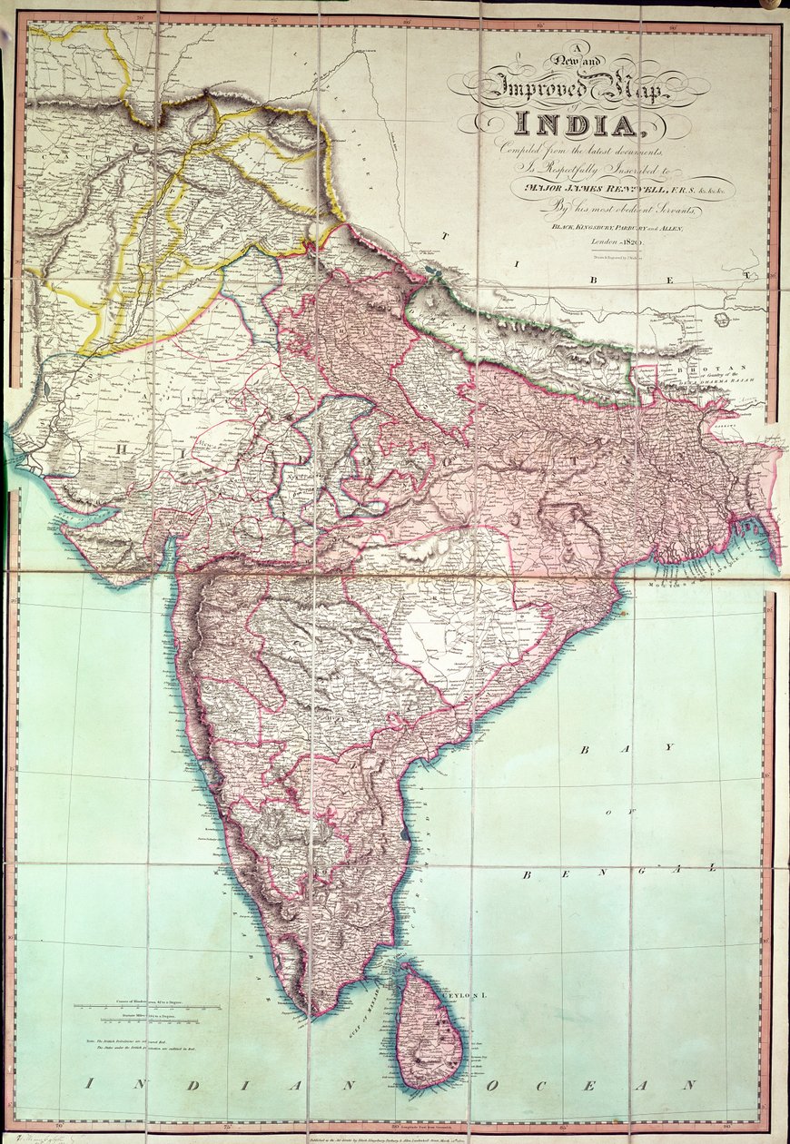 1820年にロンドンで発行されたインドの改善された地図（カラーリトグラフ） 作： 英語学校