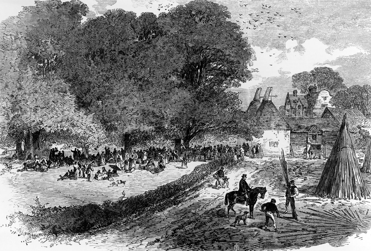 支払われるのを待っているケントホップフィールドで、1867年 作： 英語学校