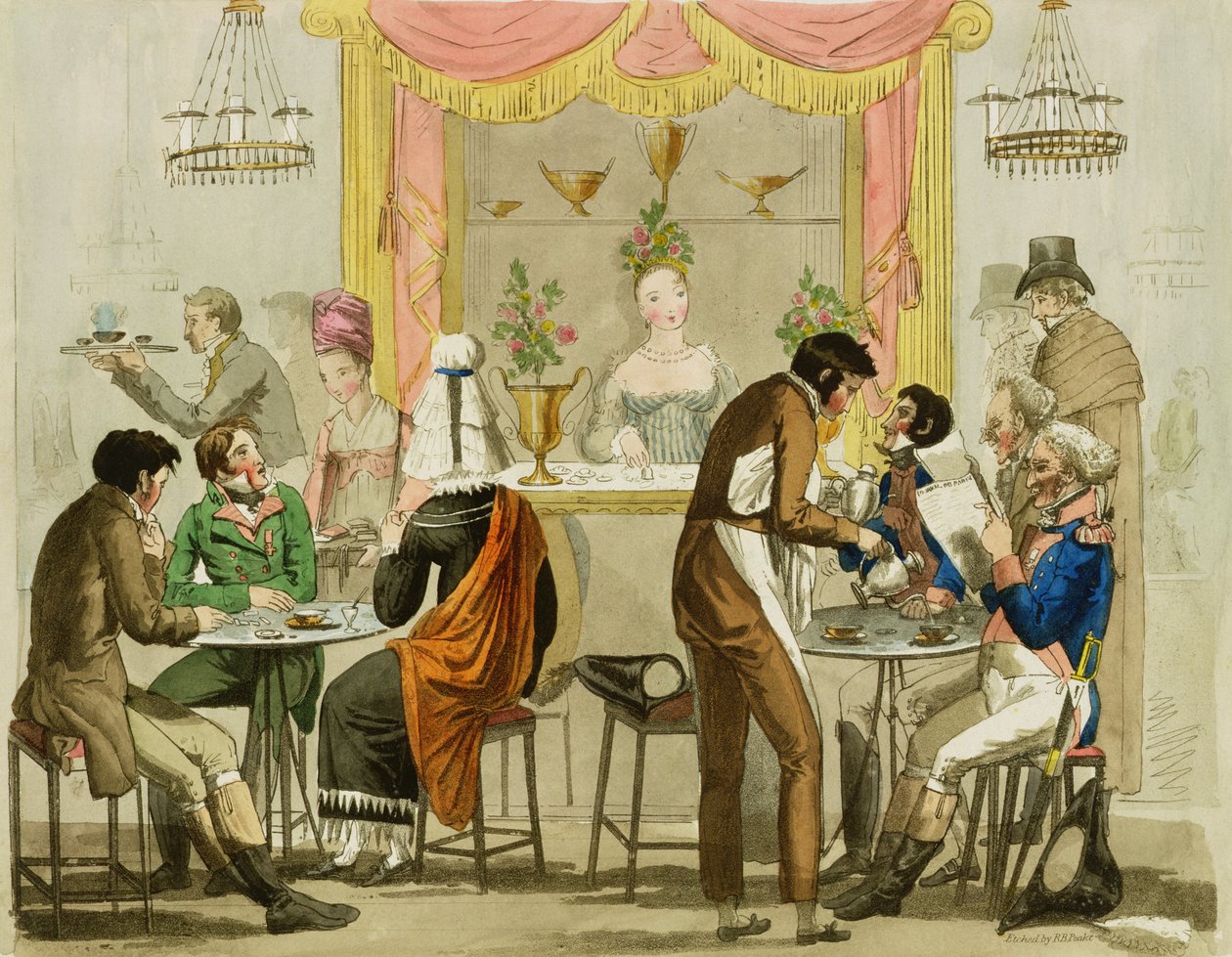 コーヒーハウス、パブのインテリア。ウィリアム・ピアマン図書館用、1819年（カラーエッチング） 作： 英語学校
