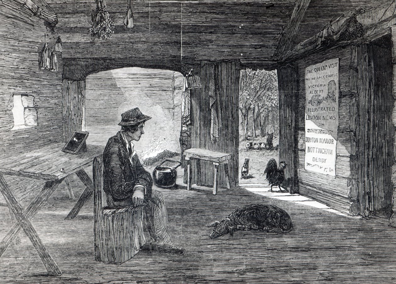 1849年の「イラストレイテッドロンドンニュース」より、オーストラリアの入植者の小屋の内部 作： 英語学校