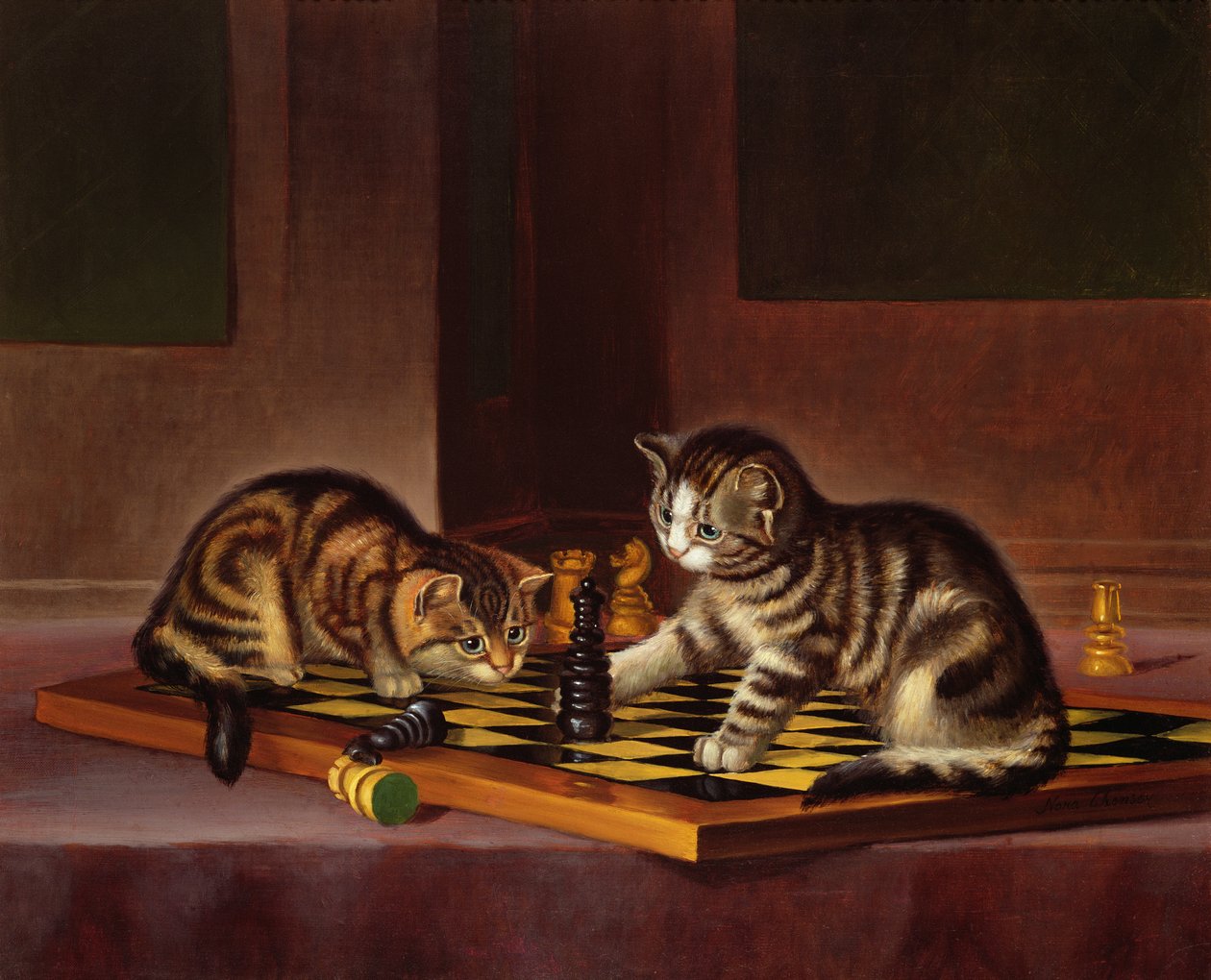 チェスをする子猫、1860年頃 作： 英語学校