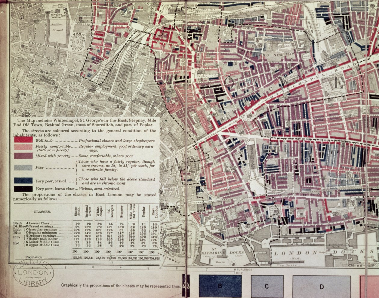ロンドン：イーストエンドの貧困の説明地図からのホワイトチャペルセクション、1887 作： 英語学校