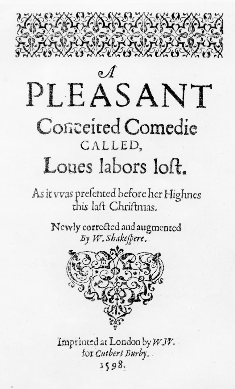 1598年、カスバート・バービーによってロンドンで印刷された「愛の労働者たちのロスト」、初版の表紙 作： 英語学校