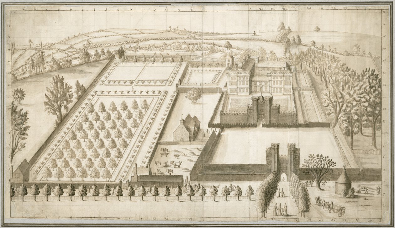 ラリングストーン城、1670年頃（ペンとインク、紙にウォッシュ） 作： 英語学校