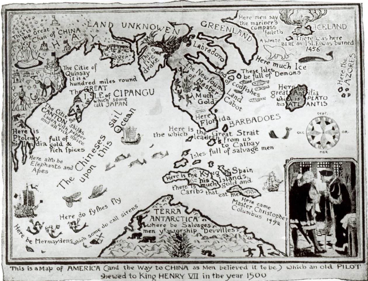16世紀のオリジナルのコピーであると考えられているアメリカの地図と中国への道順 作： 英語学校