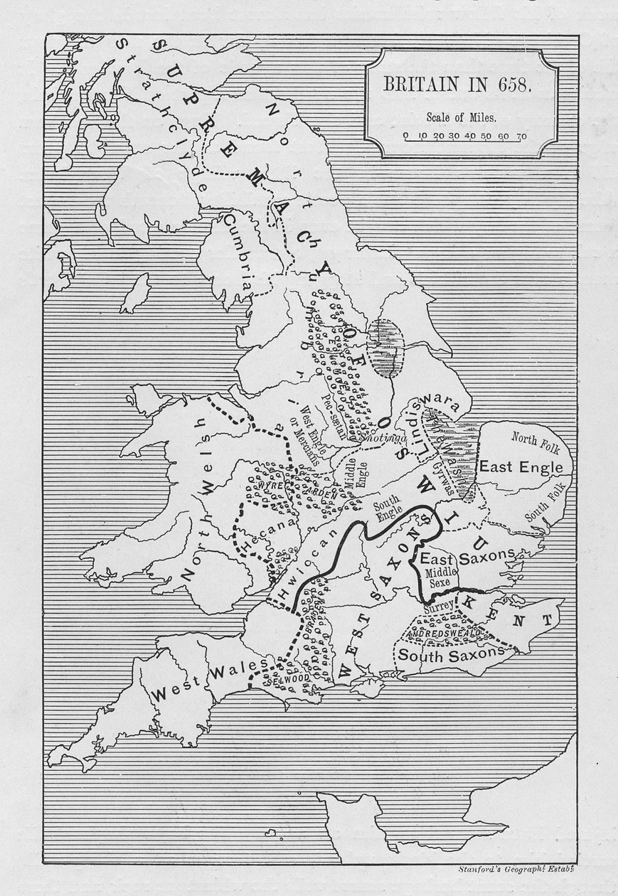 スタンフォードの地理的確立によって作成された658年のイギリスの地図 作： 英語学校