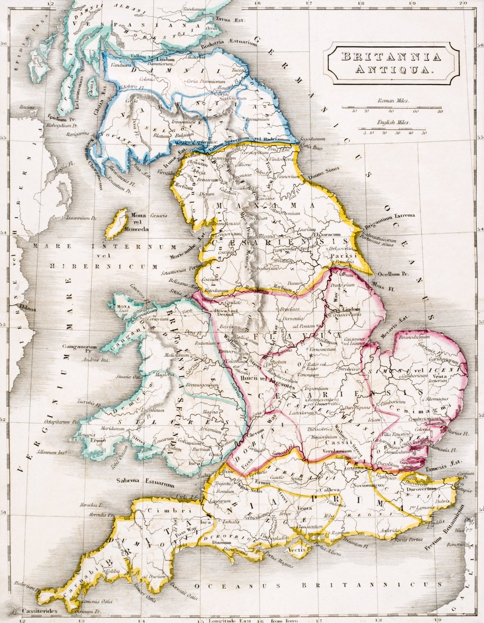 サミュエルバトラーによる「古代地理のアトラス」からのイギリス、ブリタニアアンティクアの地図、ロンドンで出版されたc.1829 作： 英語学校
