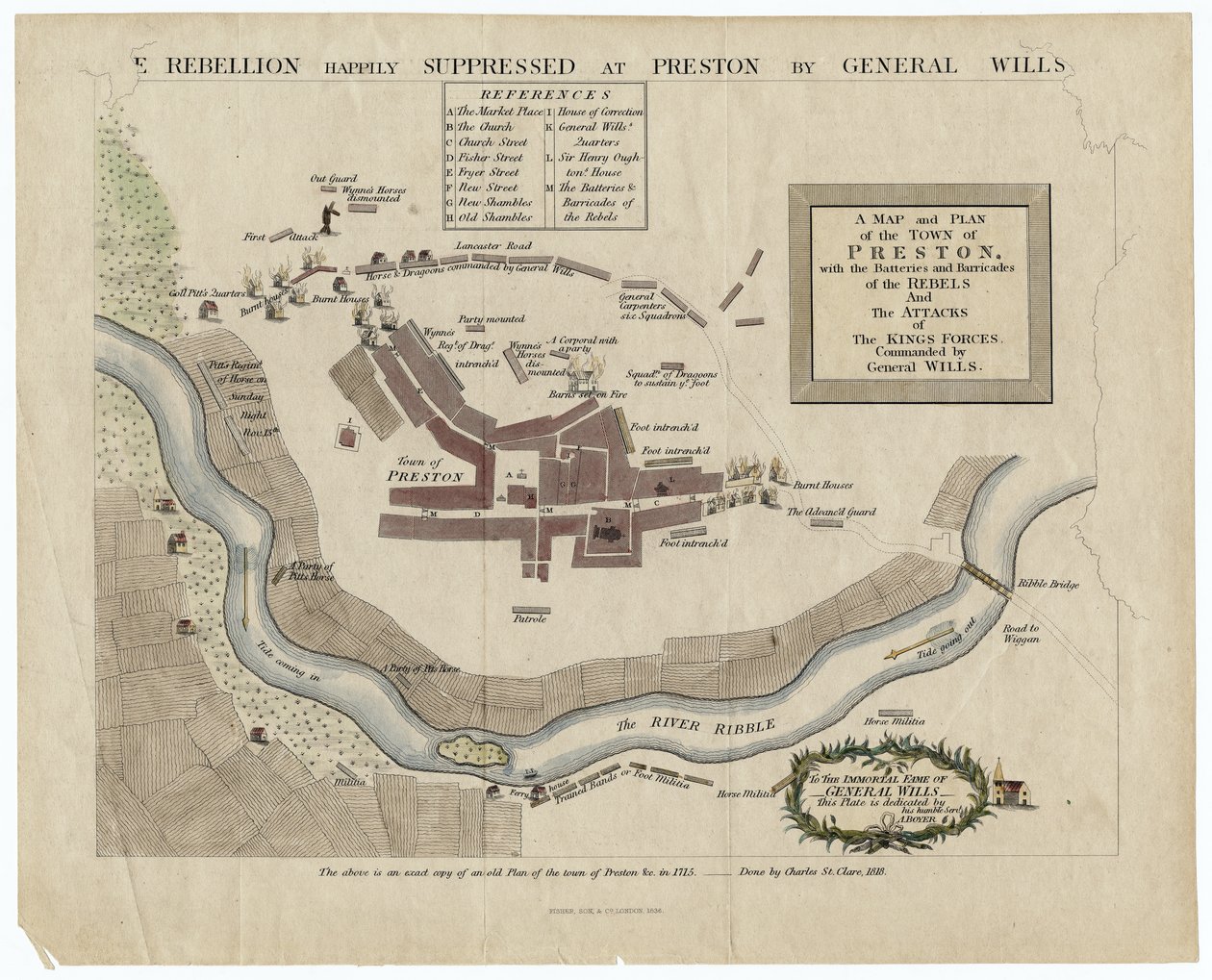 1715年、1818年のプレストンの戦いの地図（手描きの彫刻） 作： 英語学校