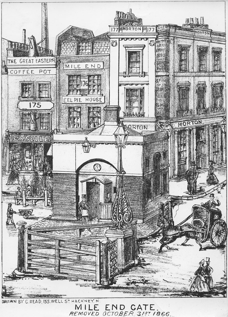 マイルエンドゲート、1866年頃（紙にペンと木炭） 作： 英語学校