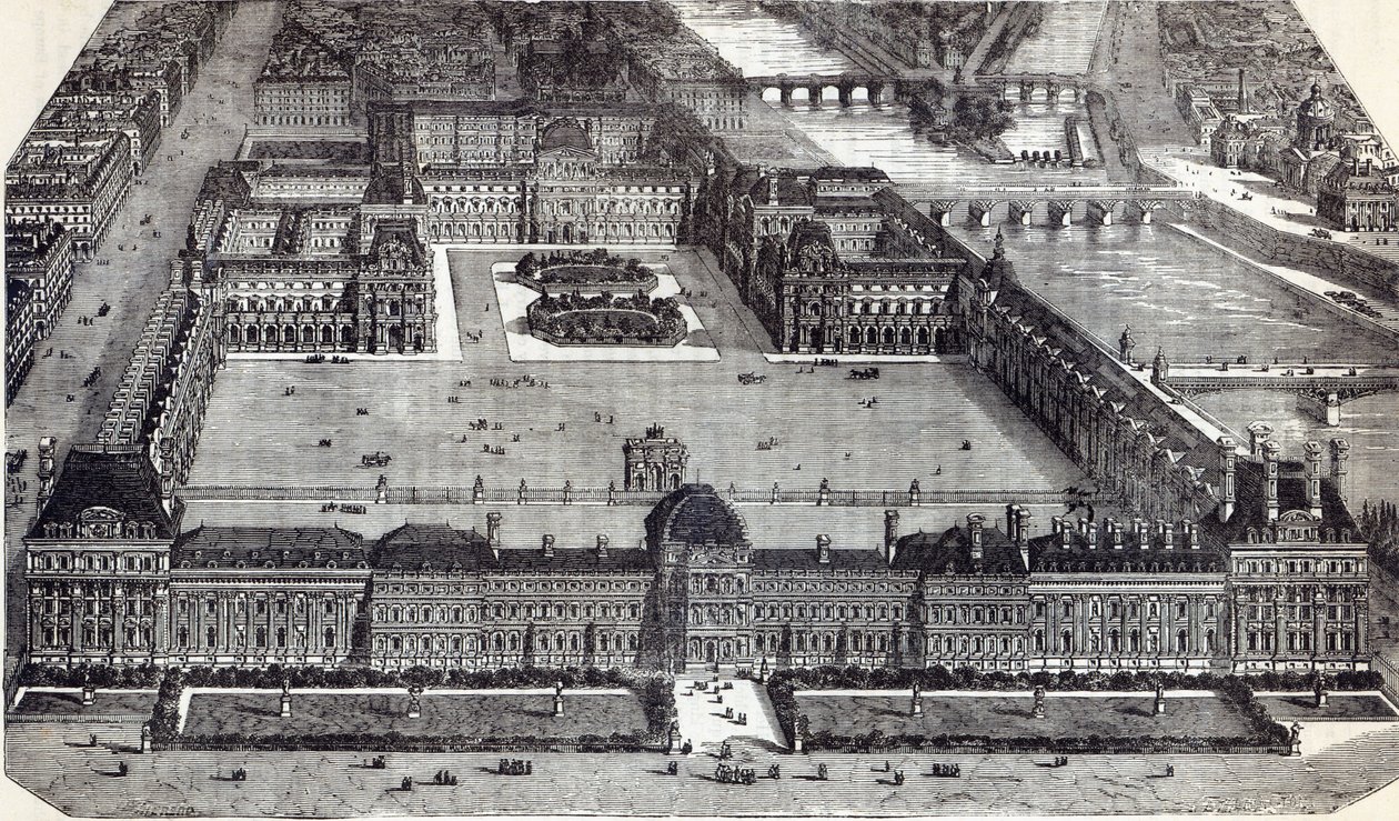 チュイルリーとルーブル美術館のモダンな眺め、パリ、1845 作： 英語学校