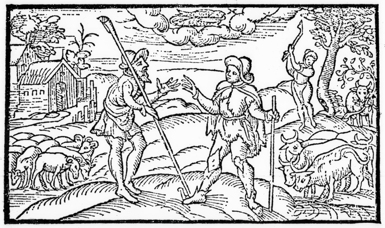 1579年に出版されたオリジナルの複製である、エドマンドペンサー（1552-99）による「シェファードカレンダー」からの2月の月 作： 英語学校