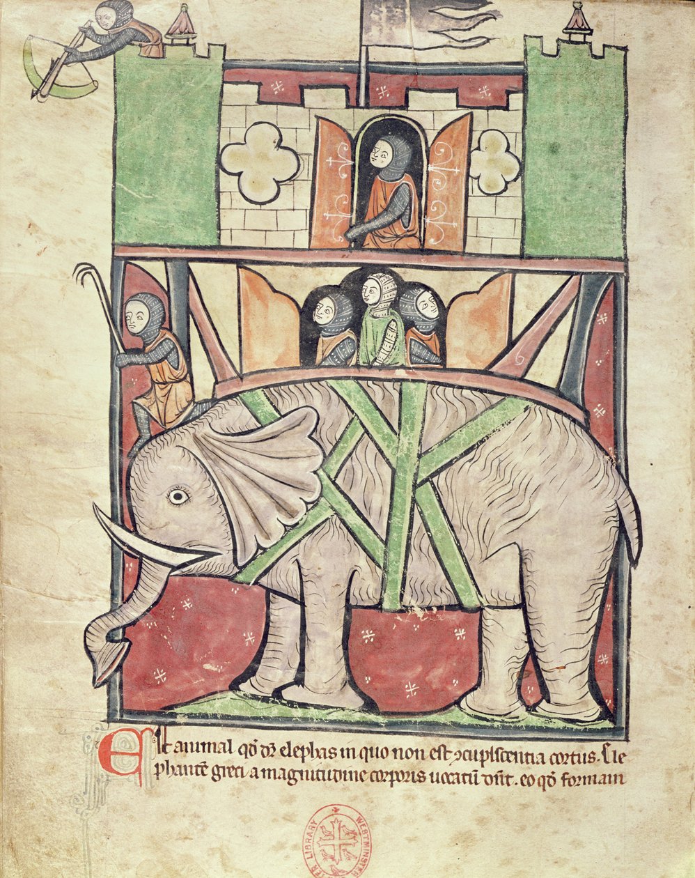 Ms 22 f.26v Westminster Abbey Bestiary、c.1270-90からの兵士でいっぱいのハウダーを運ぶ象 作： 英語学校