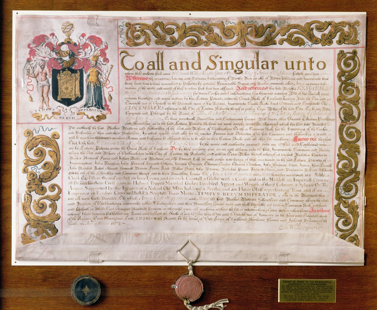Ms 3970 Grant of Arms to the Clockmakers Company、Edward Walker、Garter King at Arms、1671-72 作： 英語学校