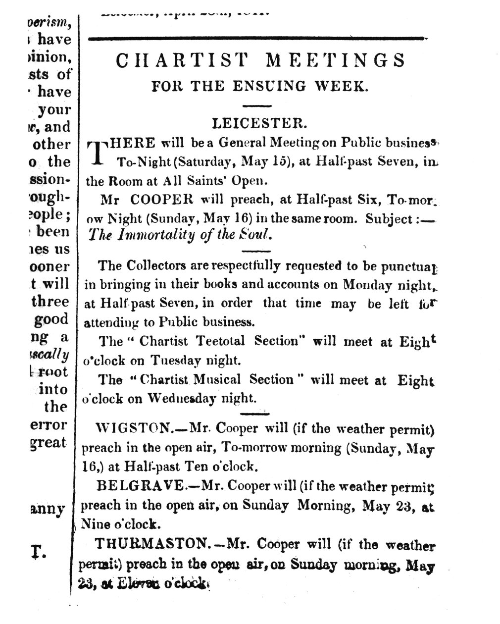 1841年5月15日の「ミッドランド郡照明」でのチャーティスト会議の通知 作： 英語学校