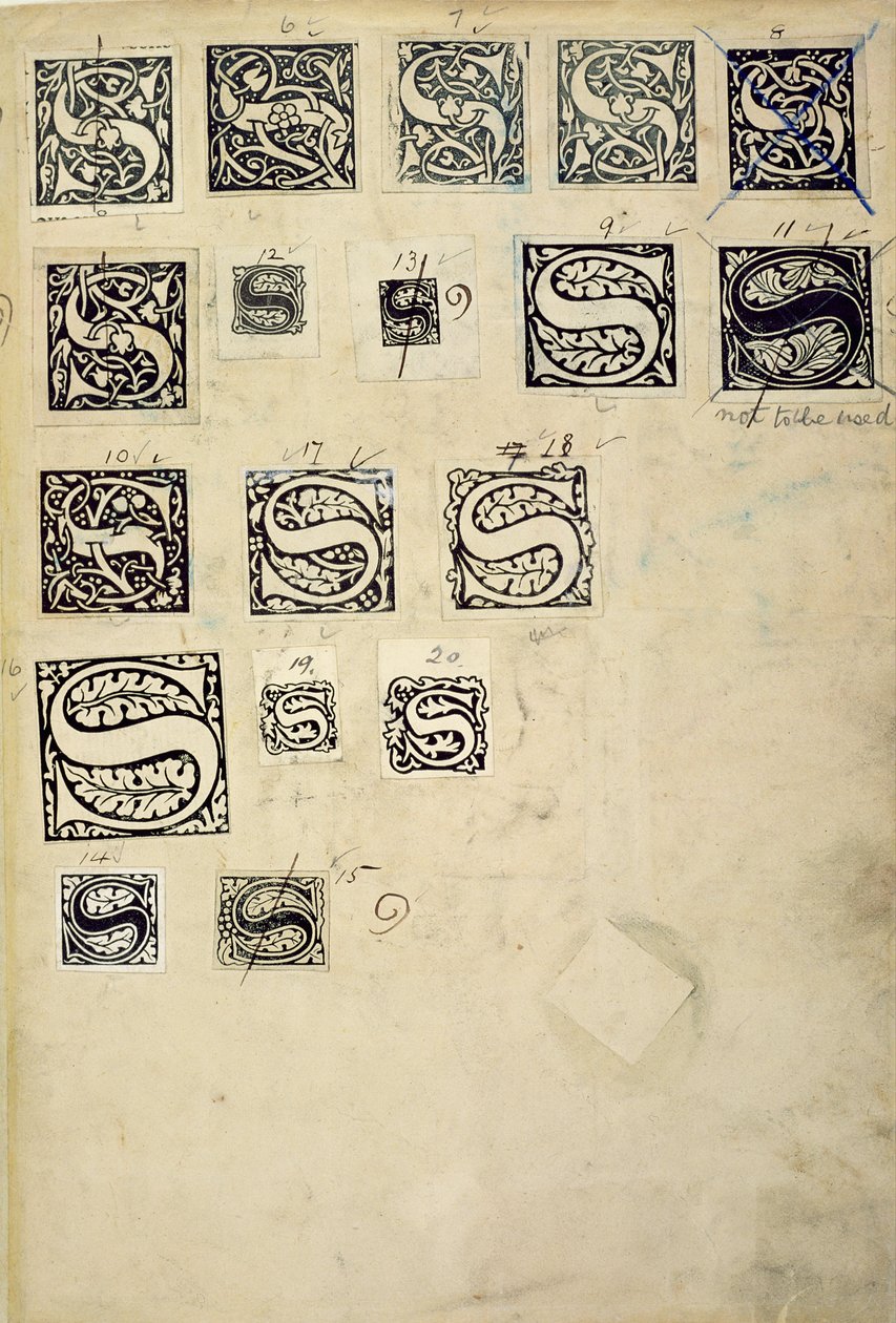 Kelmscott Press（木版印刷）のサンプルプルーフレターを含む見本帳のページ 作： 英語学校