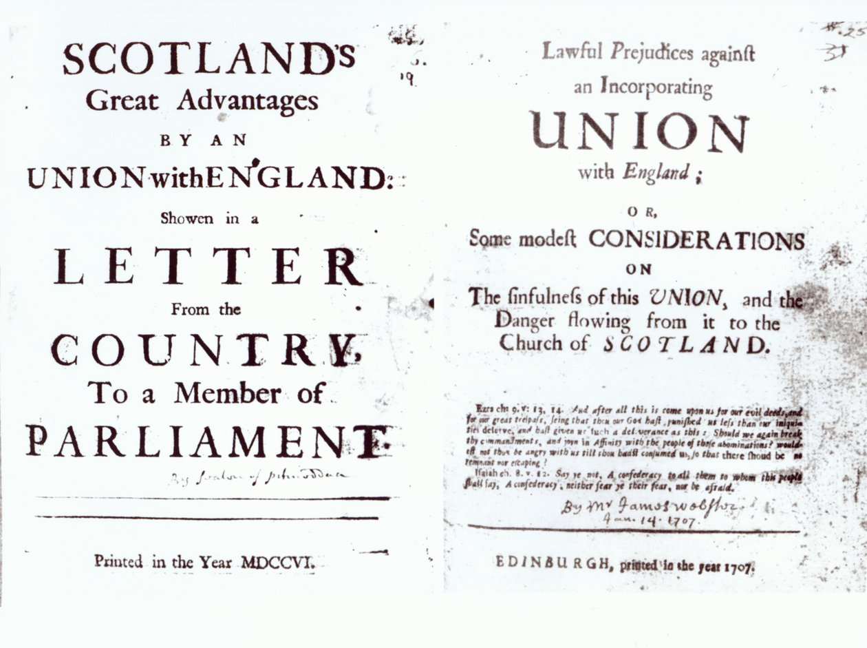アングロスコット連合の論争の両側を示すパンフレット、1707年 作： 英語学校