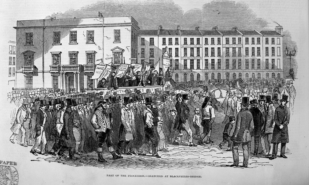 1848年4月10日、ブラックフライアーズブリッジでスケッチされたチャーティスト行列の一部 作： 英語学校