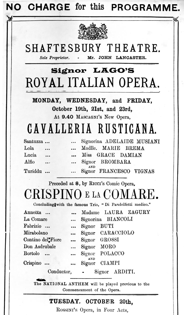 シャフツベリーシアター、1891年に &39;Cavalleria Rusticana&39;と &39;Crispino e la Comare&39;のパフォーマンスを宣伝するPlaybill（印刷紙） 作： 英語学校