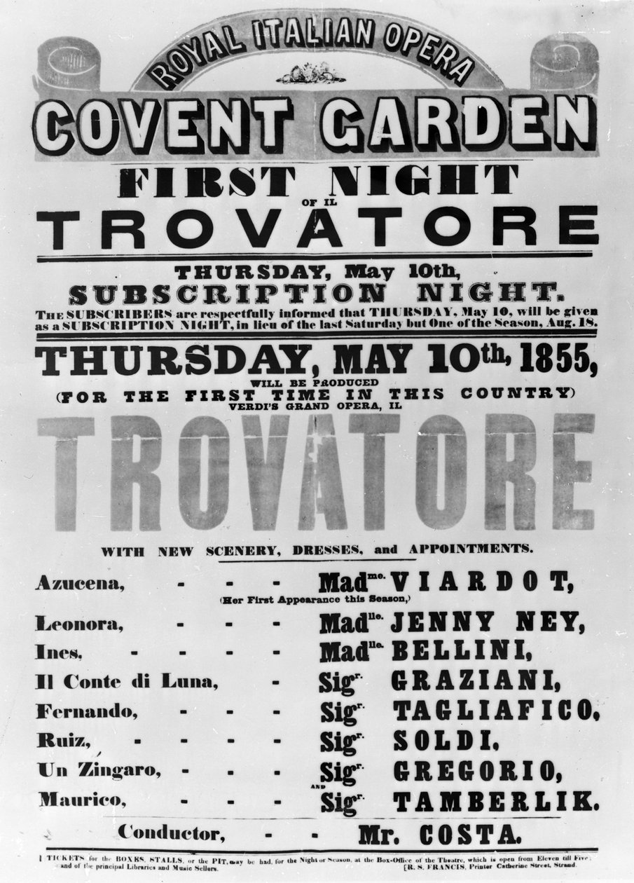 1855年のコヴェントガーデンでのロイヤルイタリアオペラのビラ（印刷された紙） 作： 英語学校