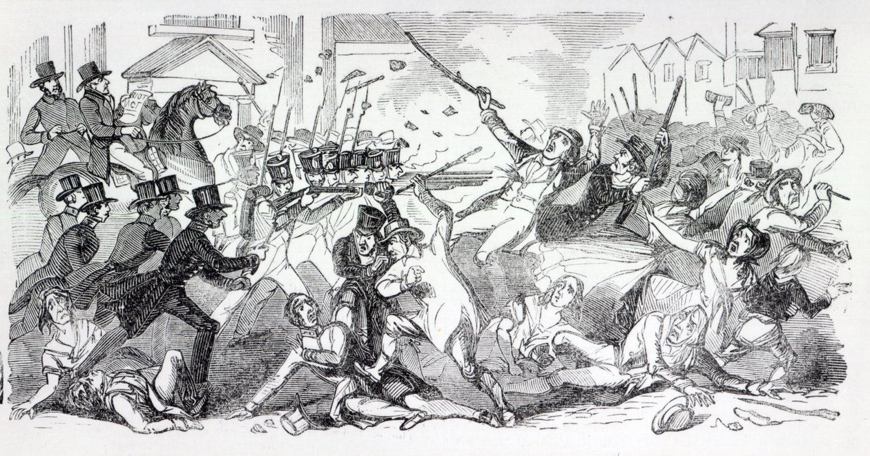 プレストンのプラグプロットライオット、「The Illustrated London News」からのイラスト、1842年8月 作： 英語学校
