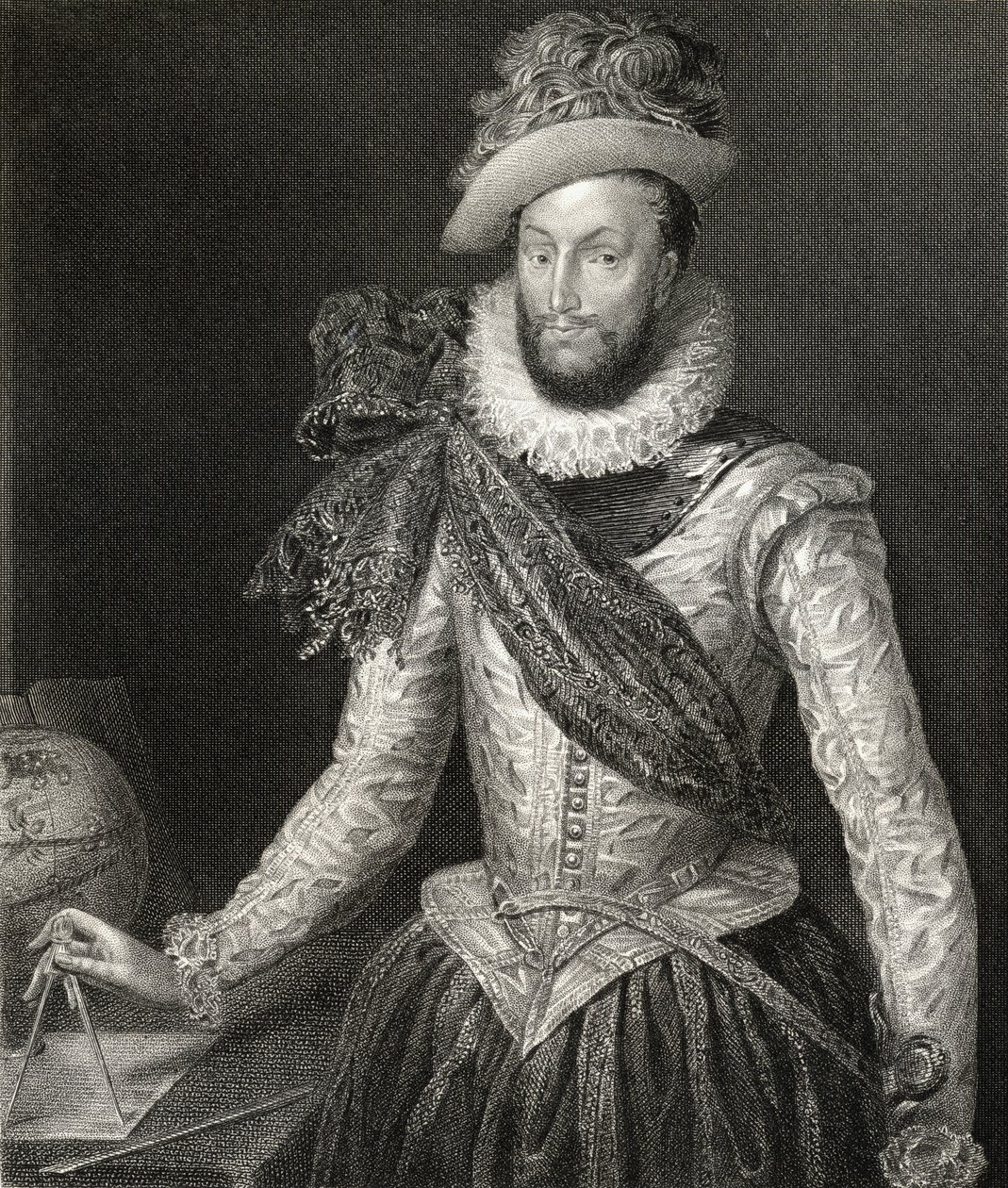 1823年の「ロッジの英国の肖像」からのウォルター・ローリー卿（1554-1618）の肖像 作： 英語学校