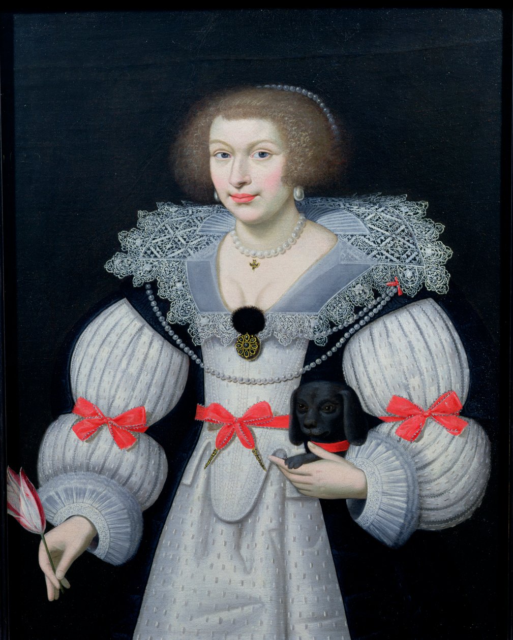 犬とチューリップを持った女性の肖像、c.1620 作： 英語学校