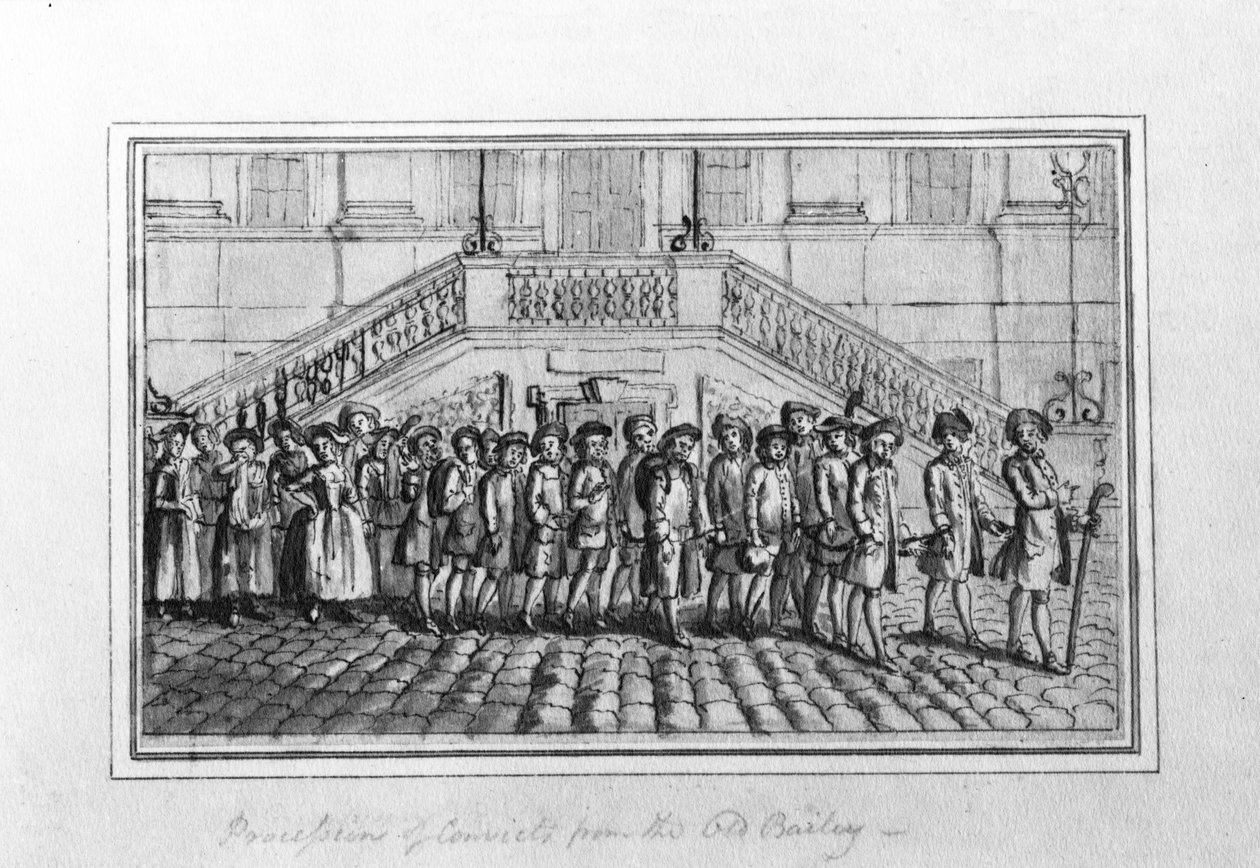 オールドベイリーの囚人の行列、1750年〜1800年頃（紙にペンとインク、灰色のウォッシュ） 作： 英語学校