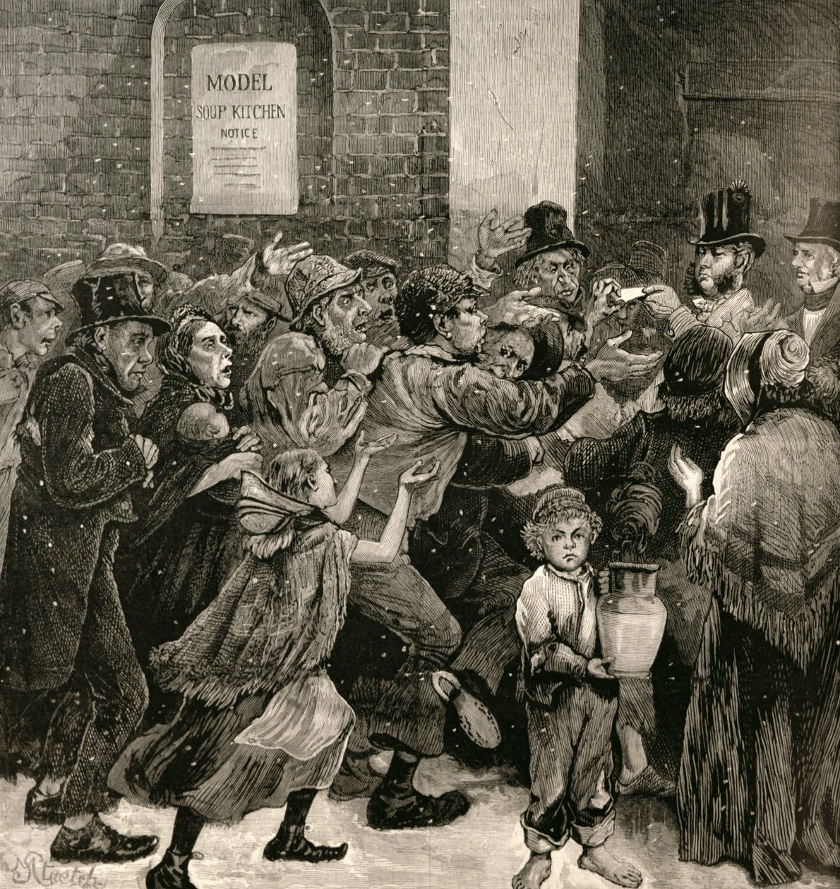 ロンドンの失業者の救済：「イラストレイテッドロンドンニュース」からのスープのチケットの配布、1886年3月13日 作： 英語学校