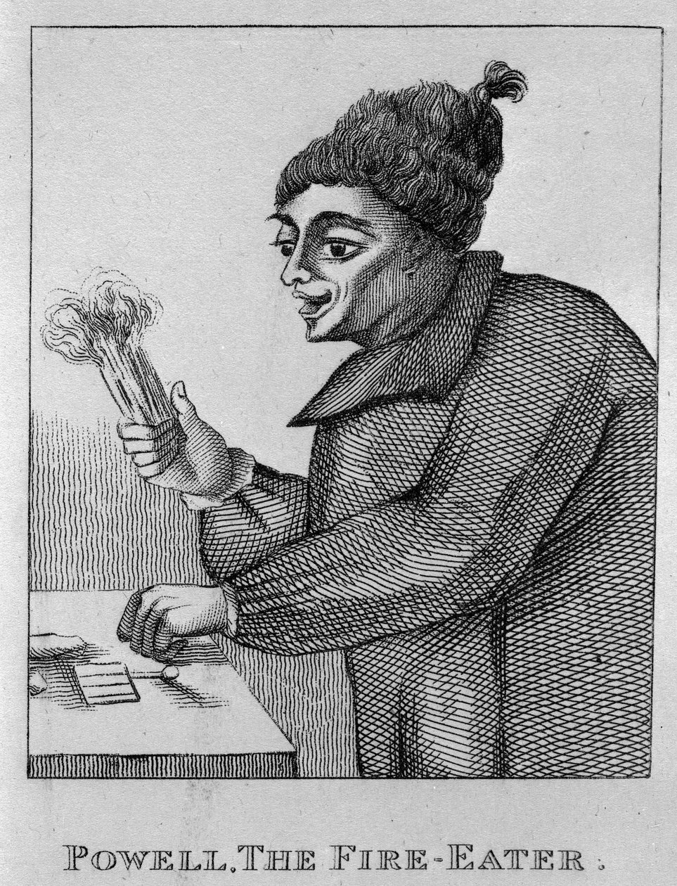 1819年に出版された「ロンドンの注目すべきエキセントリックなキャラクターの肖像画と顔」のロバートパウエル、The Fire Eater 作： 英語学校