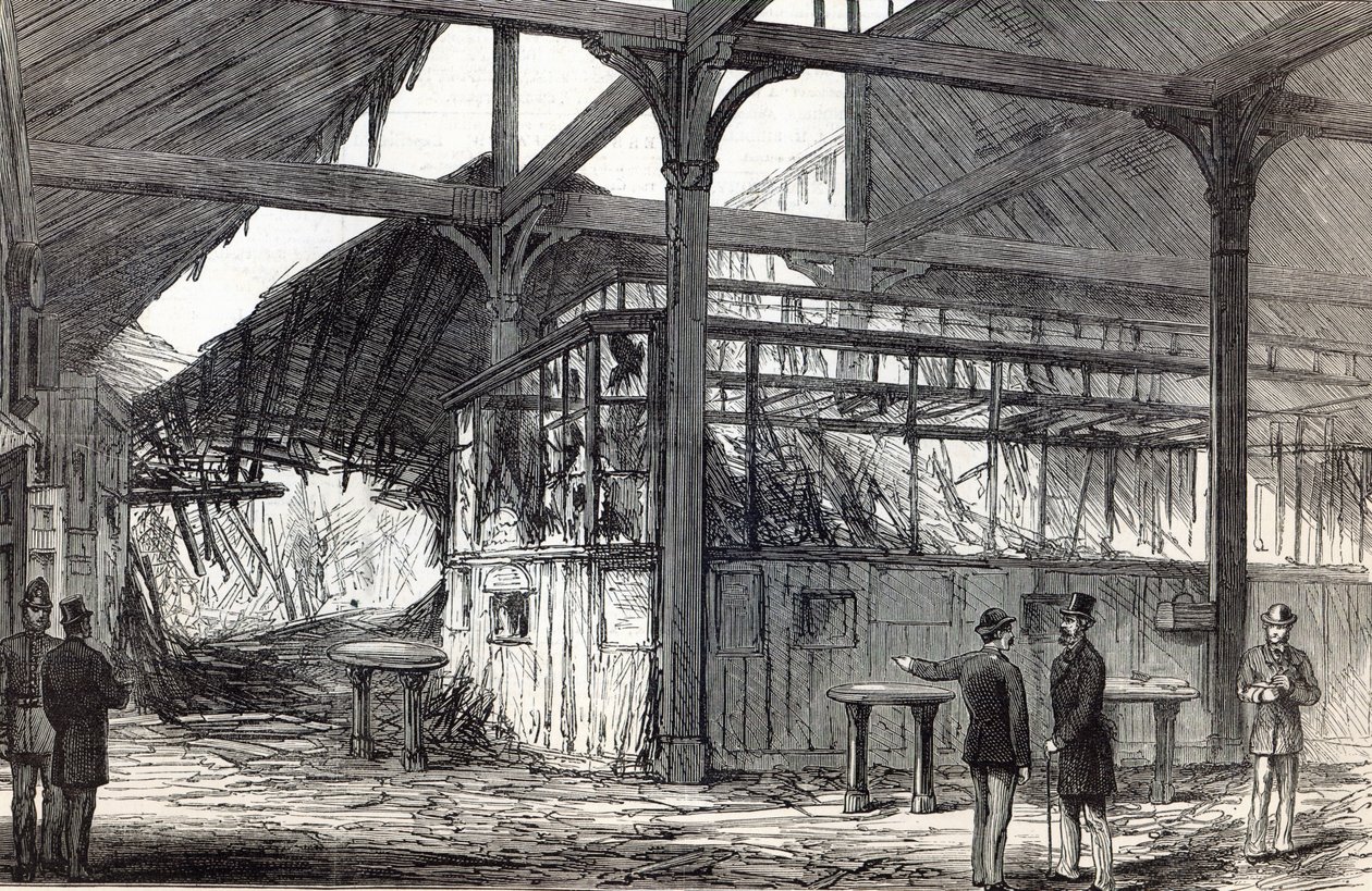 最後の火曜日の朝にビクトリア駅で爆発したシーン、The Illustrated London News、1884年3月1日（リトグラフ） 作： 英語学校